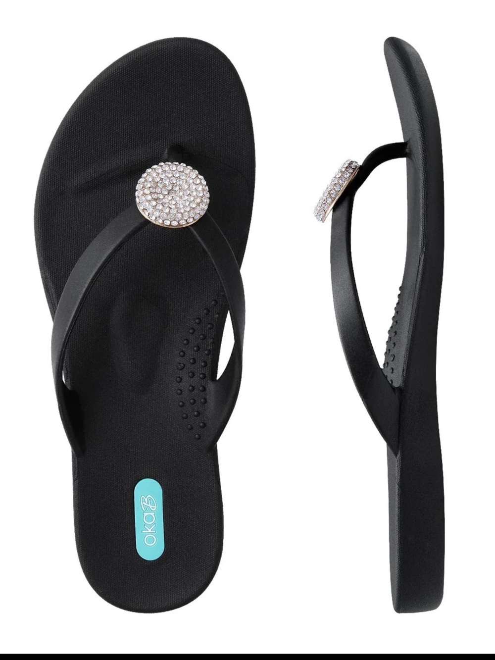 OKA b. Black Lucky Flip Flops Jeweled Thong Sandals Size S 5.5-6.5
